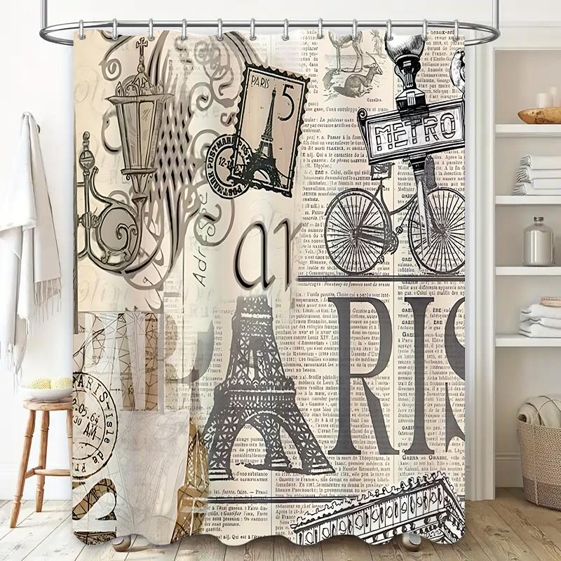Paris Theme Vintage Style Shower Curtain Elegant And Classic Waterproof And Anti-Mold Bathroom Curtain Essential Home Decor