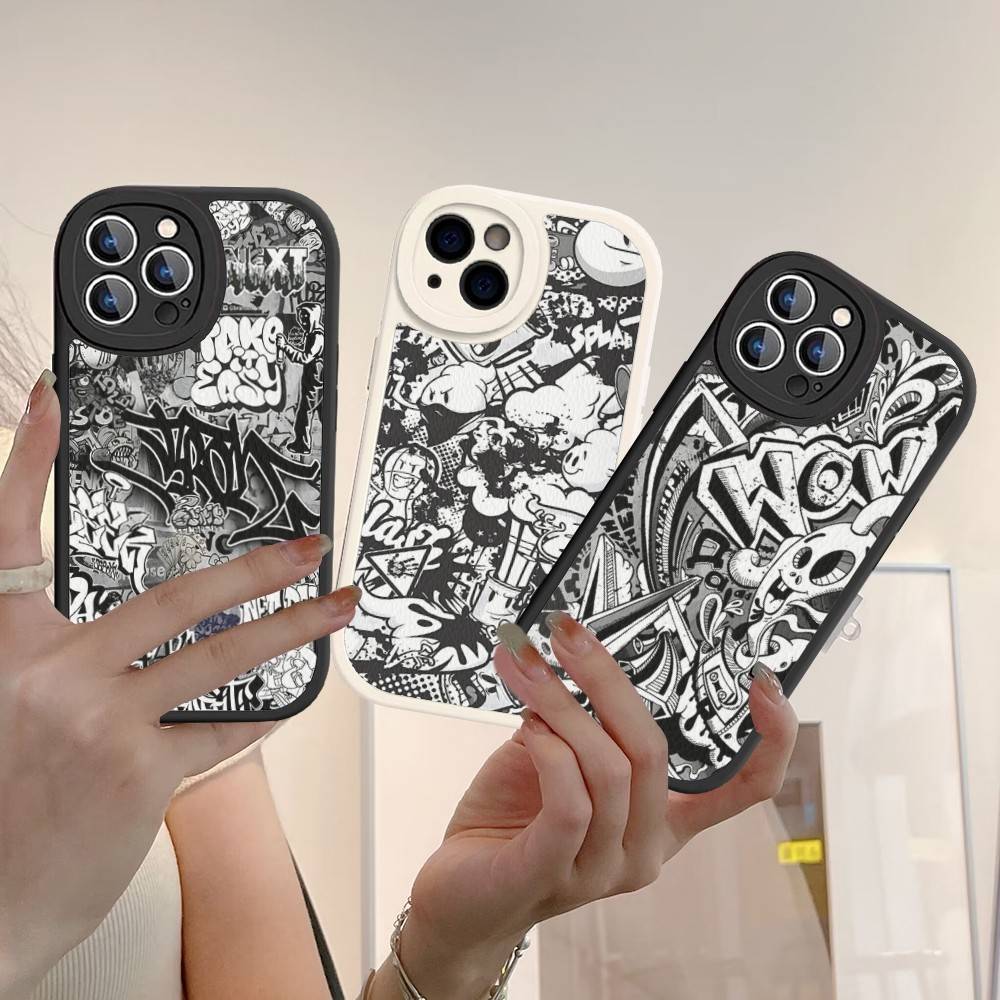Coole Schwarze Graffiti Handyhülle Hartleder Für iPhone 16 15 14 13 12 Mini 11 14 Pro Max Xs X Xr 7 8 Plus Fundas