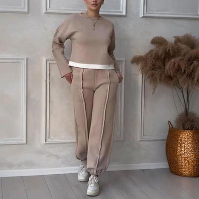 2 Pcs/Set Women Top Pants Suit Round Neck Long Sleeves Contrast Color Blouse Ankle-banded Loose Trousers Sport Casual Outfit Fall Spring Tracksuit