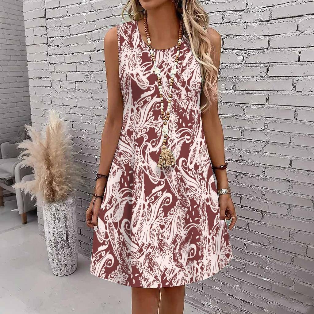 Women Plus Size Round Neck Sleeveless Short Dress Ethnic Paisley Floral Striped Print Lightweight Summer Loose Dress