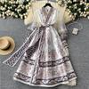 Spring France Elegant Vintage Palace Evening Dress Women Print Sashes Mesh Long Party Dress Female Casual Holiday Clothing New