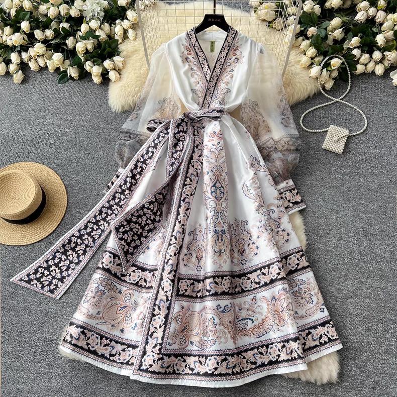 Spring France Elegant Vintage Palace Evening Dress Women Print Sashes Mesh Long Party Dress Female Casual Holiday Clothing New