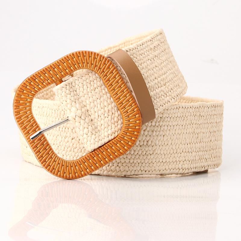 Women's Wide Round Buckle Elastic Belt - Cotton & Linen, Straw Style, Mori Girl Fashion.