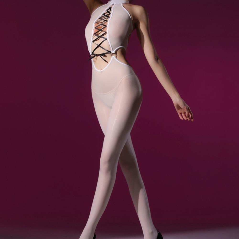 Qing Homer Oil Onesie Oily Sexy Black Stockings Sexy Cross Strap Seduction Crotch Drill Chain Uniform Underwear