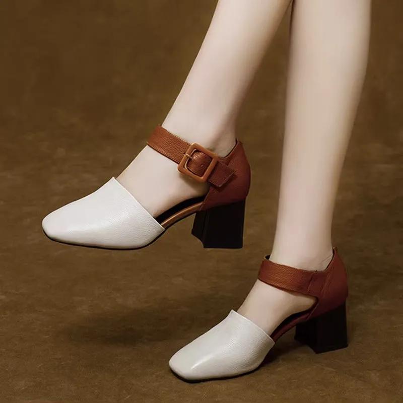 zapatos de mujer women fashion black round toe slip on square heel shoes for office work lady casual beige summer pumps ga619