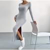 New Women Spring Autumn Casual Dress Solid Color Knitted Dress Sexy Slim Elegant Retro Dresses Long Sleeve Round Neck Side Slit Dress