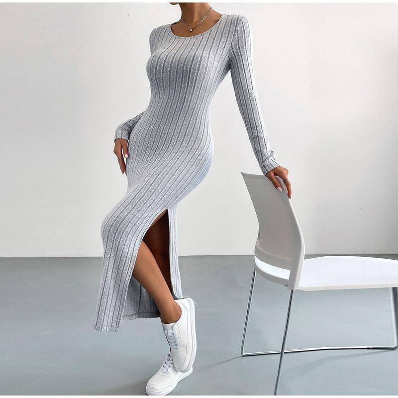 New Women Spring Autumn Casual Dress Solid Color Knitted Dress Sexy Slim Elegant Retro Dresses Long Sleeve Round Neck Side Slit Dress