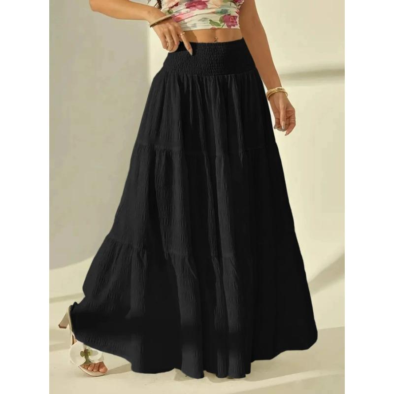 Women's Fashionable Layered Long Skirt Casual Solid Color Elastic Waist Women Half Skirt Holiday Date Vacation