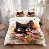 3-teiliges Bettwäsche-Set mit schwarzem Katzen- und Blumenmuster, weich und bequem, geeignet für Schlafzimmer und Gebrauch. N034