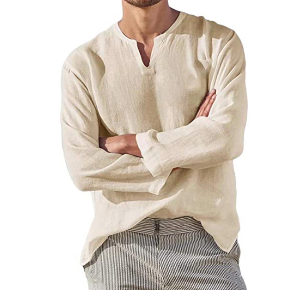 Cotton Linen Men Shirt Brief Breathable Comfy Solid Color Long Sleeve V Neck Casual Blouse Hawaiian Shirt Oversize Tops