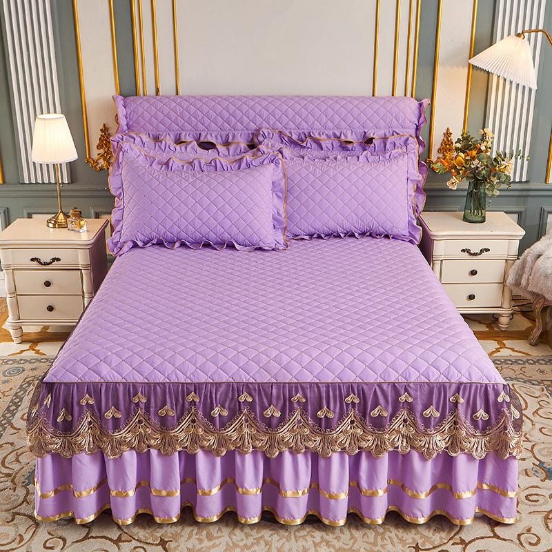 European solid color washed padded bed skirt four-piece set lace lace princess wind bed cover non-slip fixed Nordic