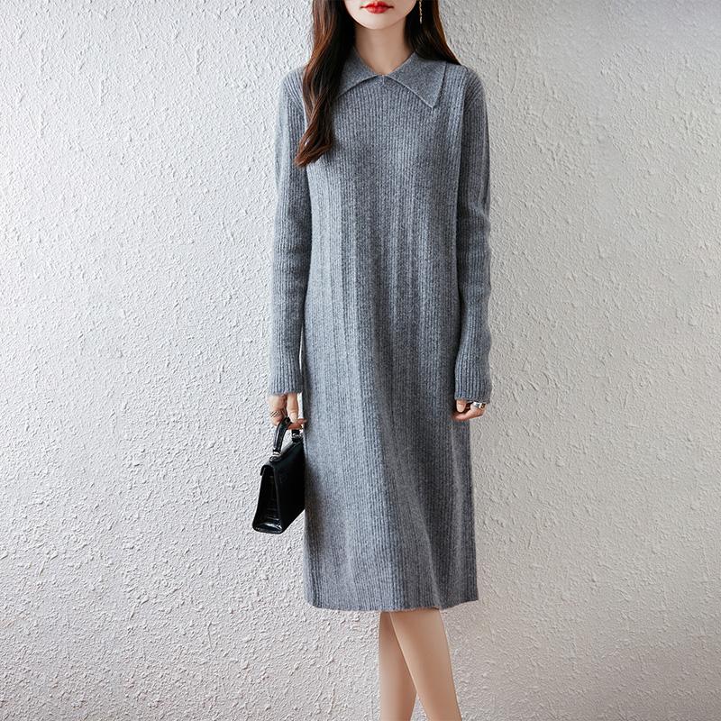 Women Sweater Dress 100% Wool MODERN NEW SAGA Turn-down Collar Knit Long Pullover Winter Jumpers Wool Long Dress Female