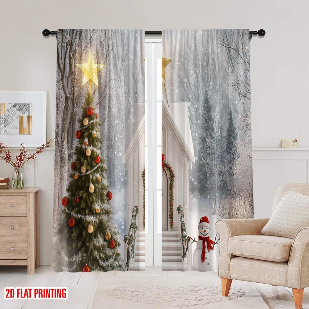 2 Stück, 2D-Flachdruck Druckvorhänge Weihnachten Kirche Schneeszene (3) Vielseitig 100% Polyester (ohne Stange) Vielseitig für alle Anwendungen