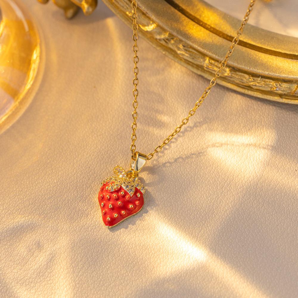 Women Girls Sweet Cute Strawberry Series Pendant Necklace Stainless Steel Chain Lovely Strawberry Fruit Jewelry Accessories Gift