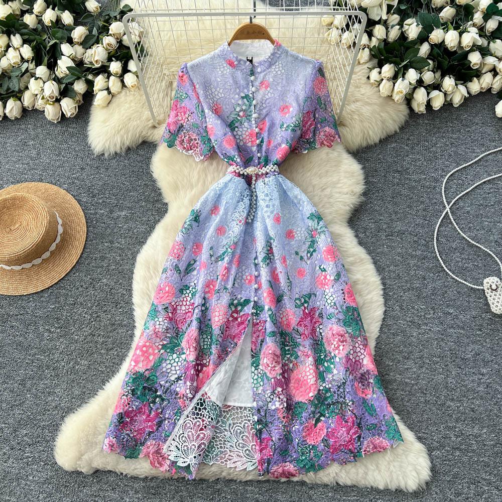 French design sense retro lace print dress women's hollow high waist waist A word long dress elegant temperament