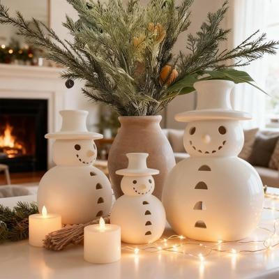 Light Up Snowman Christmas Decor LED Lighted Handmade White Snowman Figurine Winter Rustic Tabletop Ornaments for Holiday Home Decor