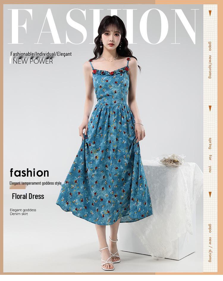 Women's Blue Floral French Style Slimming Summer Dress with Waist-Cinching Design