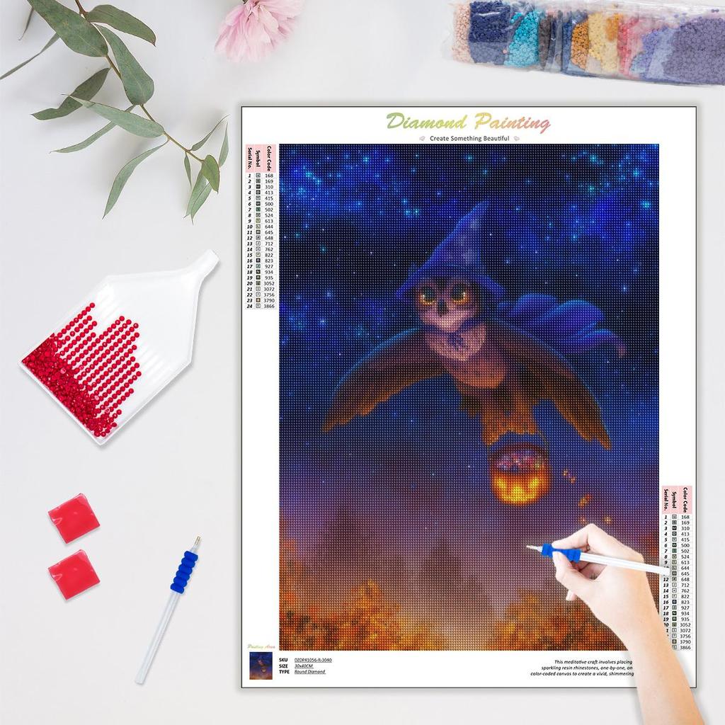 5D Diy Diamond Painting Animal Owl Full Round Painting Pumpkin Mosaic Embroidery Halloween Handmade Gift 30x40cm/12x16inch