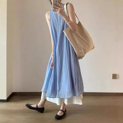 Gentle Blue Sleeveless Tank Dress - Women's 2025 Summer Collection, Casual Loose Fit, Long Style
