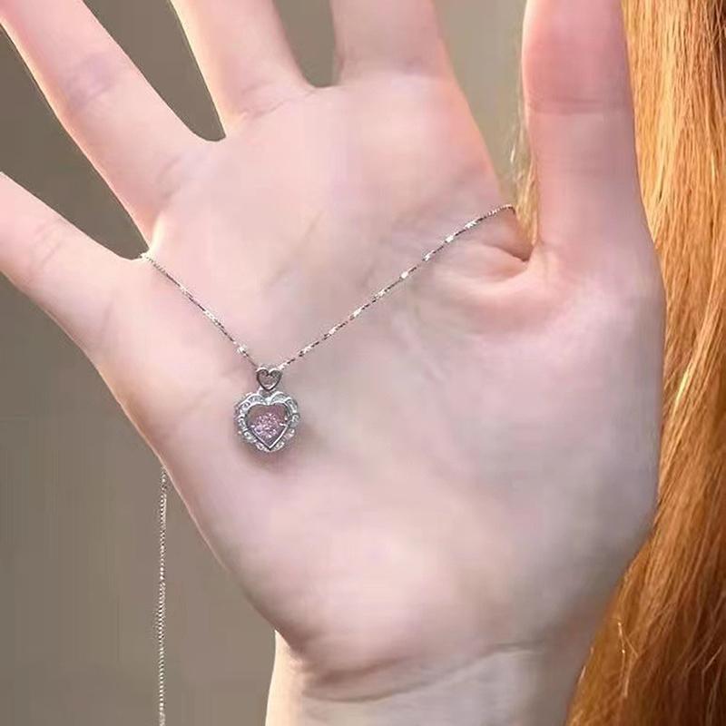 Pink Diamond Heart Necklace, Sparkling Crystal Love Pendant Necklace For Women Fashion Jewelry Gift