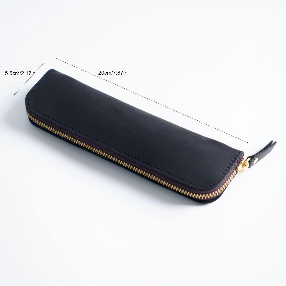 Portable Handmade Pencil Case Cowhide Compact Pen Bag Retro Zipper Closure Pen Protective Sleeve School Supplies