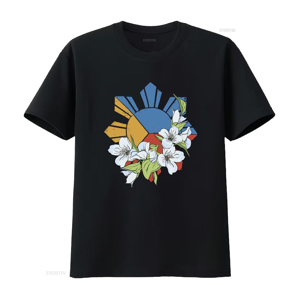 Filipino Flag Sun and Stars Sampaguita T Shirt Crewneck Symbol Philippines  vintage Washed Top For Everyday Wear Stretched