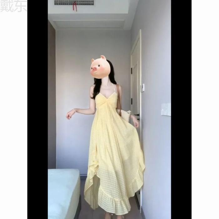

Want retro design irregular tube top halter yellow suspender long dress holiday wind seaside fresh beach skirt women S жёлтый