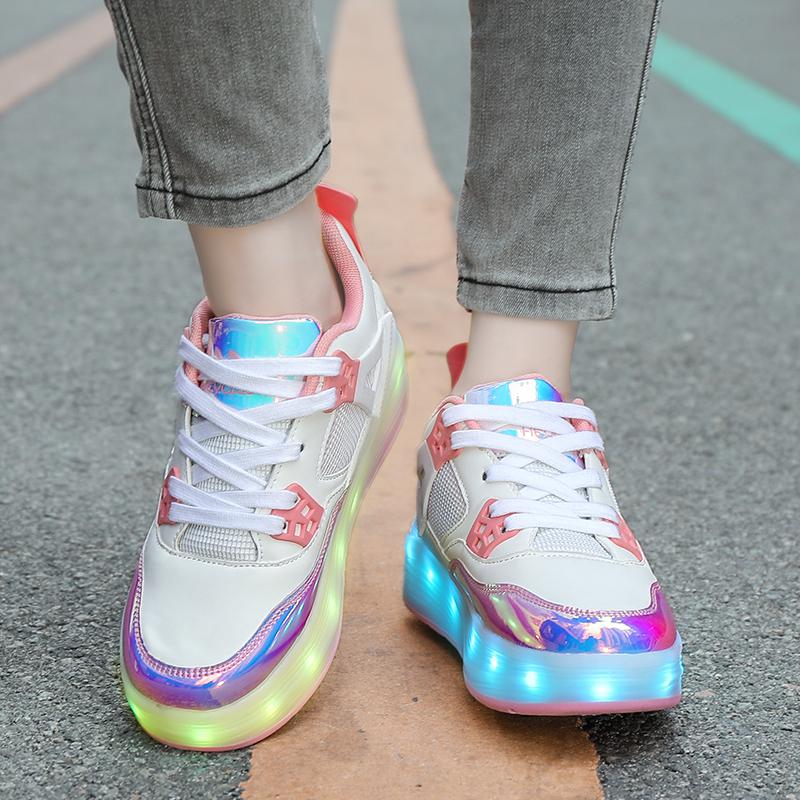 Pattini a rotelle per bambini, rimovibili, piatti, ricaricabili, LED, quattro ruote, scarpe sportive luminose, rosa, scarpe da ginnastica luminose da donna