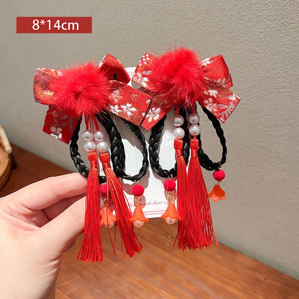 2pcs Chinese Style Children Red Hairclip Hanfu Headdress Bow Wig Braid Hairpin New Year Headwear