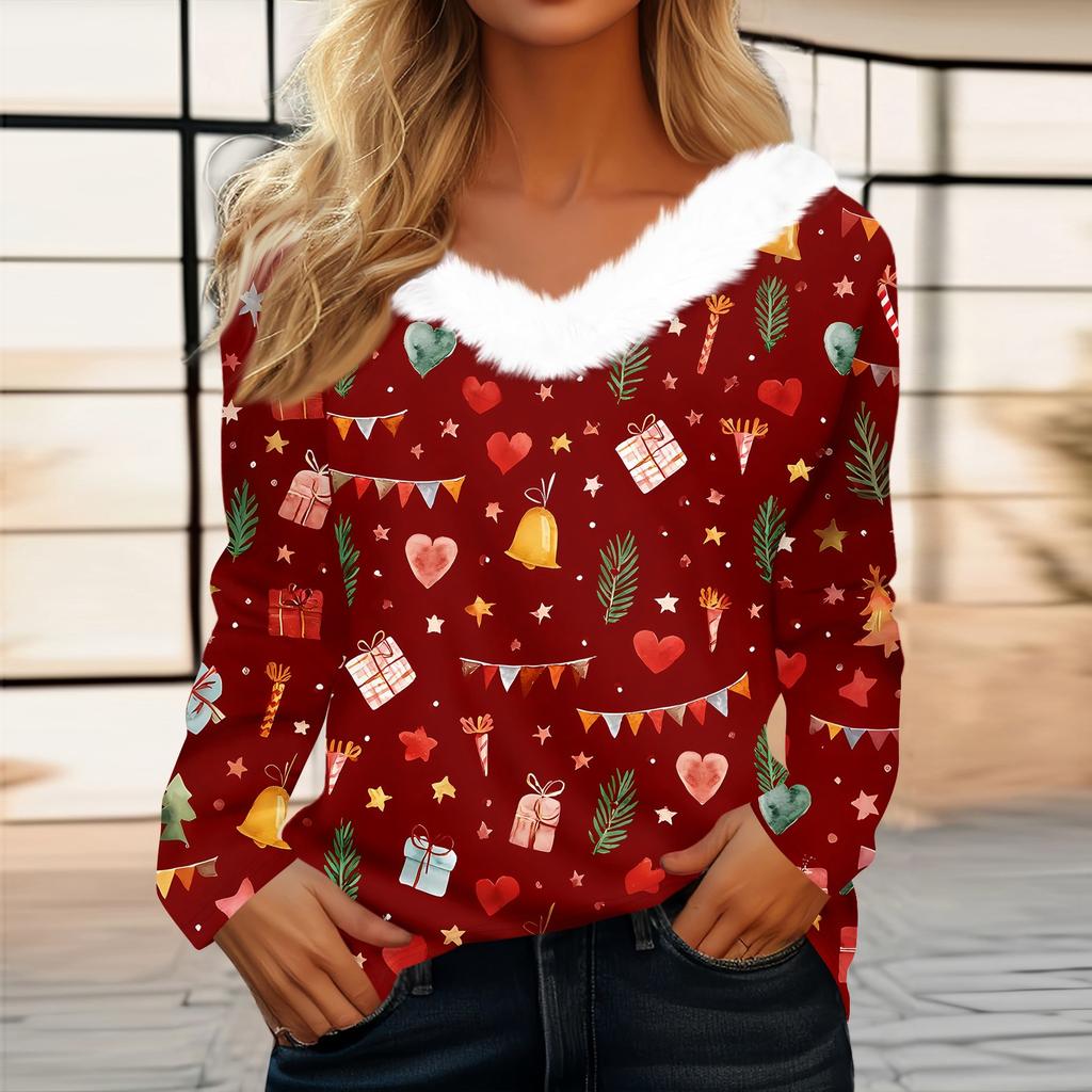 Women's T Shirt Tee Christmas Print Shirt Long Sleeve Party Christmas Fleece Collar V Neck  Top