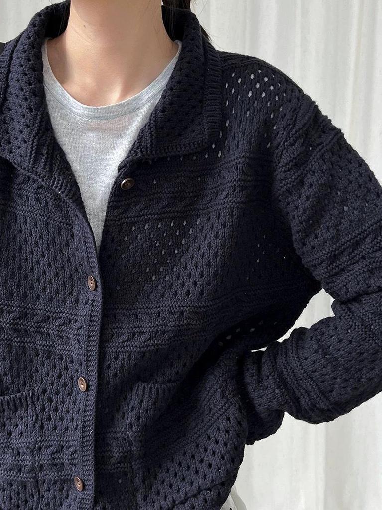 Korean Style Retro Knit Cardigan - Short Sleeve, Hollow-Out Design for Autumn/Winter