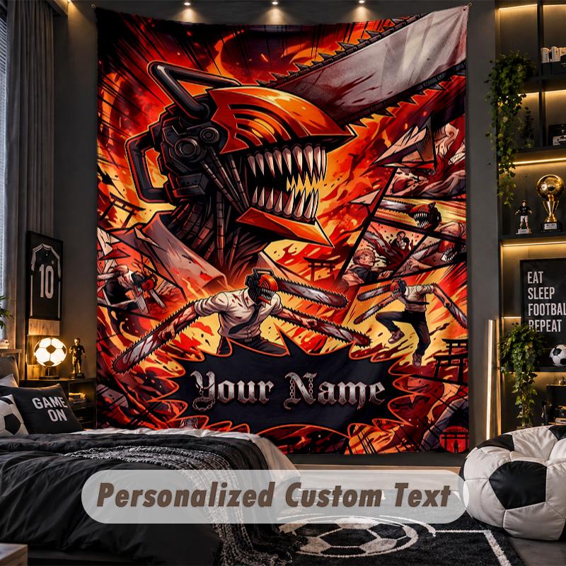 Personalized Wall Tapestry,Chainsaw Man Custom Printed Name, Fabric Wall Art For Indoor Room Backdrop