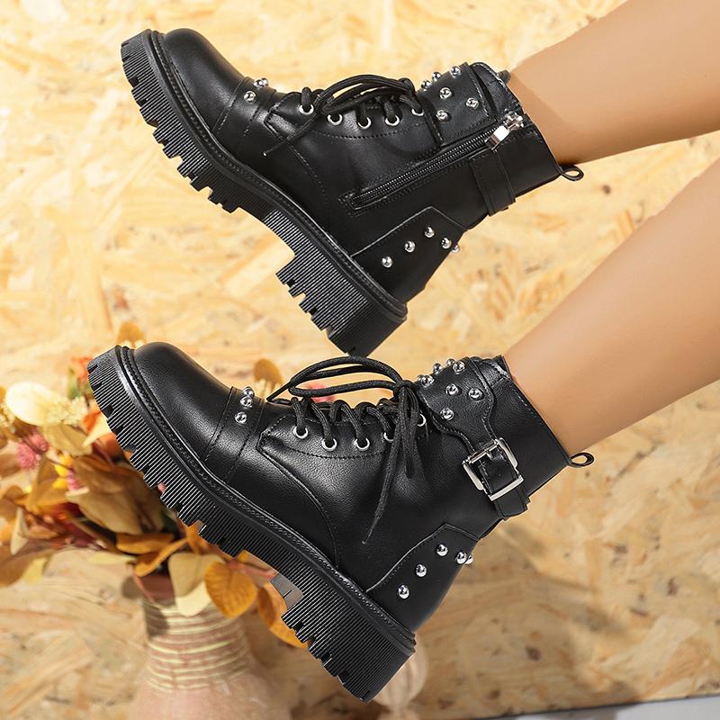Fashion Rivets Decor Platform Ankle Boots Women Fashion Buckle Lace Up Zippers Combat Boots Woman Balck Pu Leather Motorcycle Shoes 42