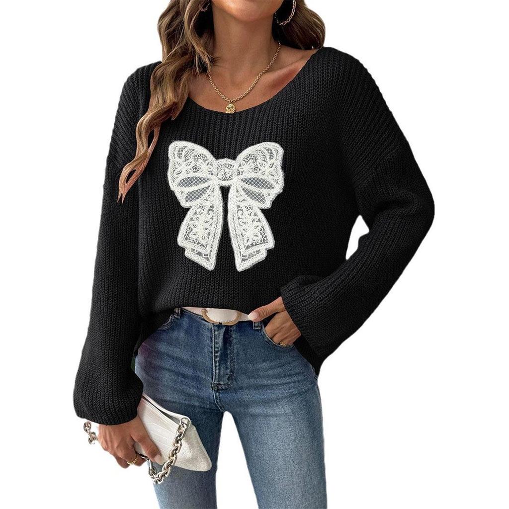 Women's European & American Bow Embroidery Pullover Sweater with Loose Micro-flared Sleeves