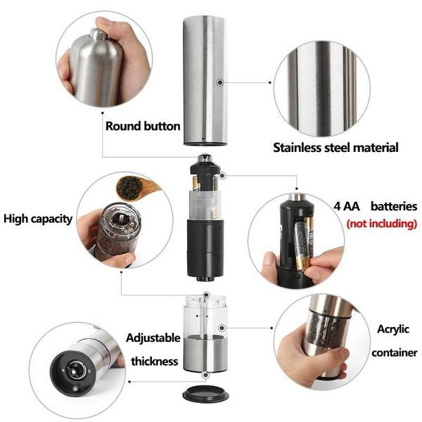 Stainless Steel Electric Salt and Pepper Mill Set Automatic Herb Spice Grinder Adjustable Coarseness Gifts Kitchen Gadget