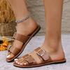 European and American foreign trade large size buckle flat bottom one-word shoes women's retro lightweight beach cool slippers Slippers