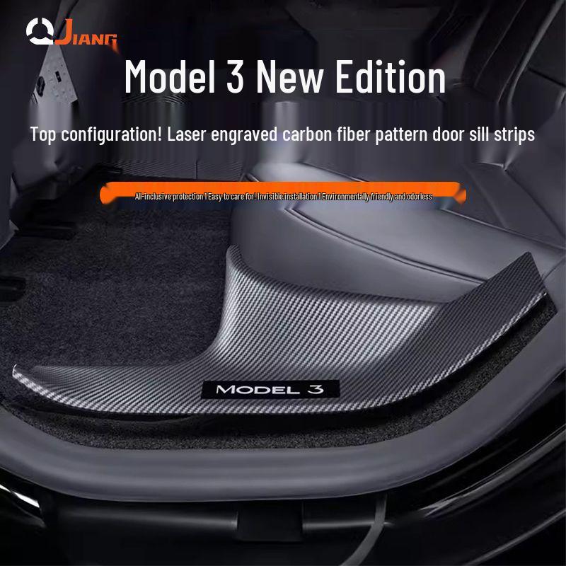 Carbon Fiber Rear Door Sill Strips & Under-Seat Corner Protectors for Tesla Model 3/Y