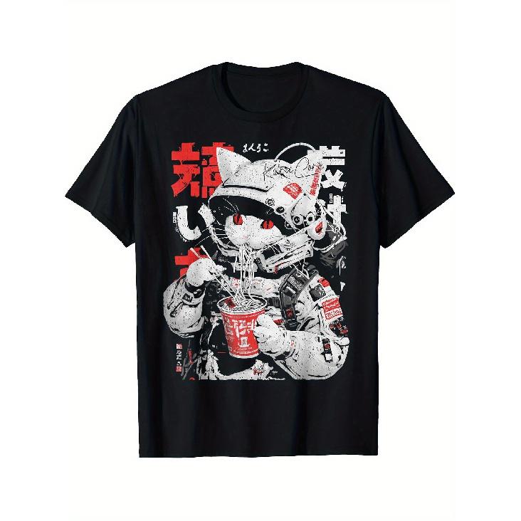 Men S Japanese Cyberpunk Anime T-Shirt - Black Retro Techwear Graphic Tee with Red Highlights - Manga Streetwear Top for Anime Events & Everyday Wear S чёрный