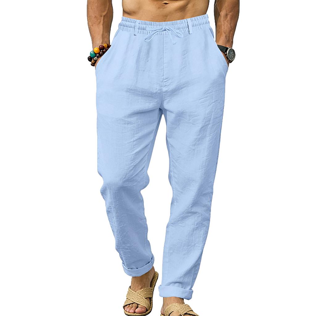Men's Linen  Loose Fit For Sports  Ideal For Vacation And Commuting  Straight Leg With Drawstring  Long Pants