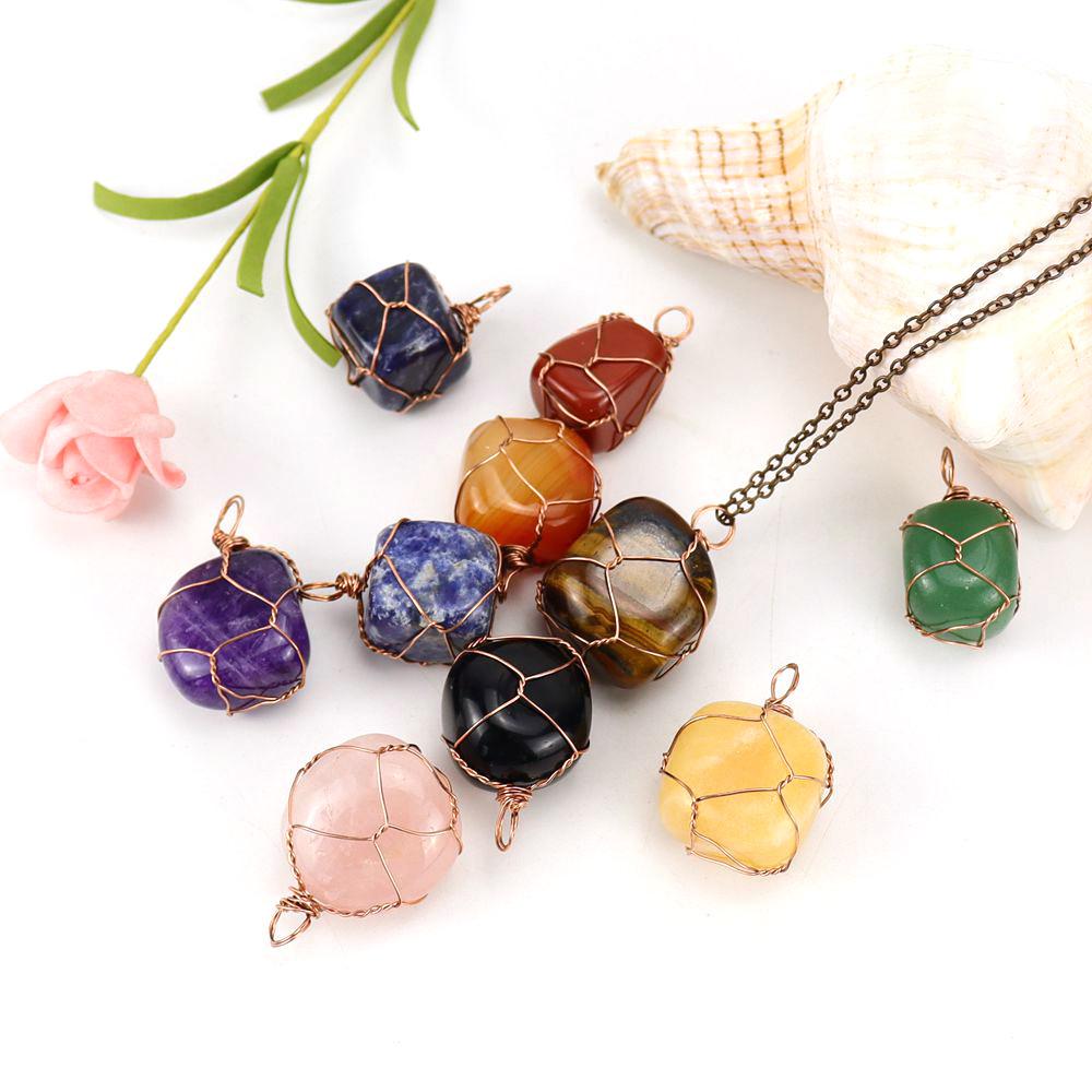 Hand-Wound Irregular Natural Stone Crystal Rough Stone Amethyst Pendant Necklace N669