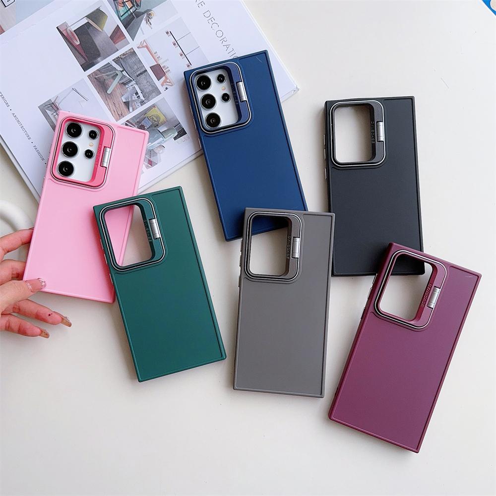 Luxury Folding Camera Stand Holder Case For Samsung Galaxy S24 S23 Ultra S22 S21 Plus S20 FE Metal Solid Color Matte Cover Funda