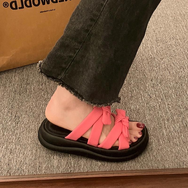 Fashion Aphixta Sweet Butterfly Knot Sandals Chunky Heel Platform Slippers Woman Slides Women Shoes Rose Red Slippers Slides Shoes