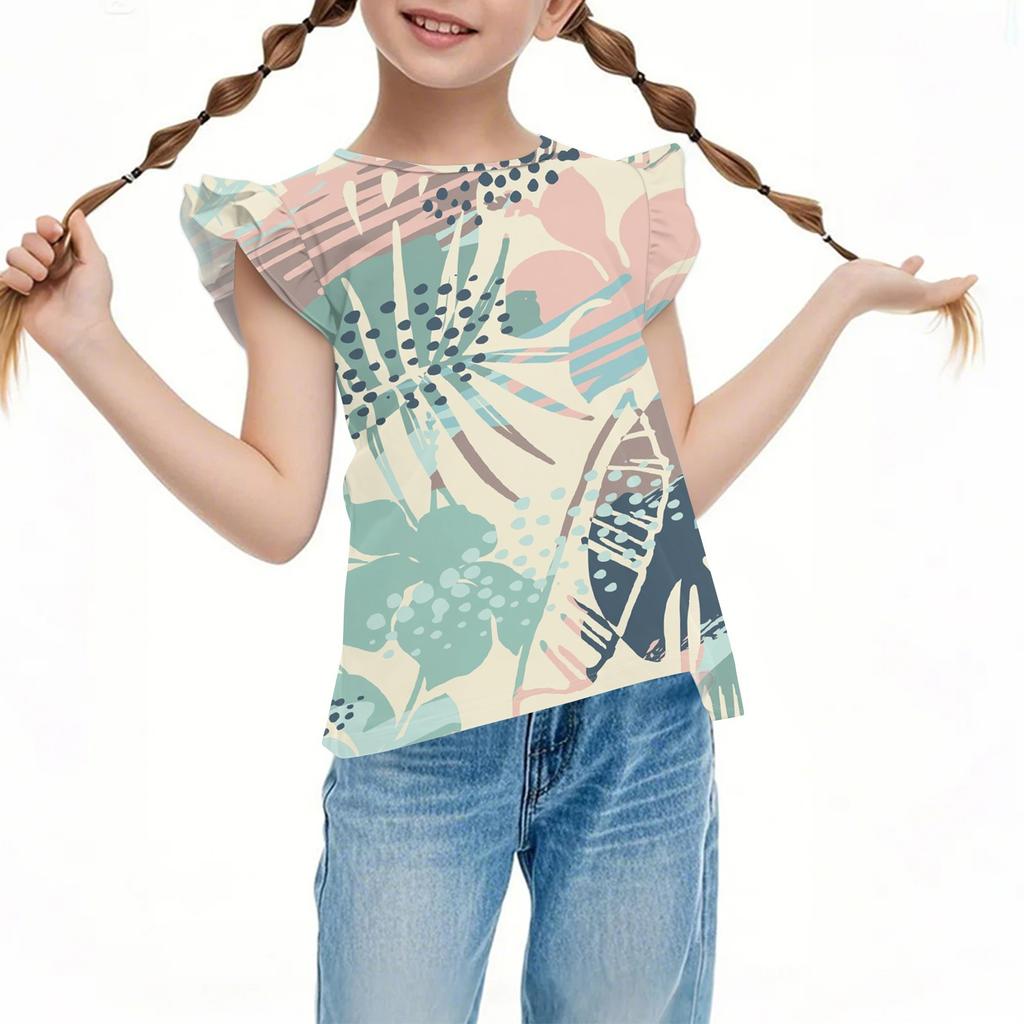 Children's Casual Short-Sleeved Pleated Cute Hawaiian Print Round-Neck Top