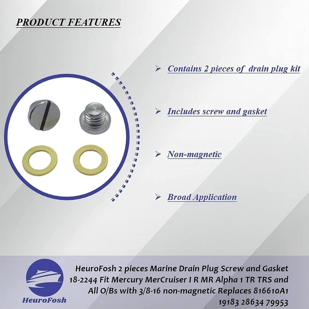 2 PCS 79953Q04 Marine Lower Unit Oil Drain Plug Screw and Gasket Fit Mercury MerCruiser I R MR Alpha 1 TR TRS and All O/Bs with 3/8-16 Non-Magnetic