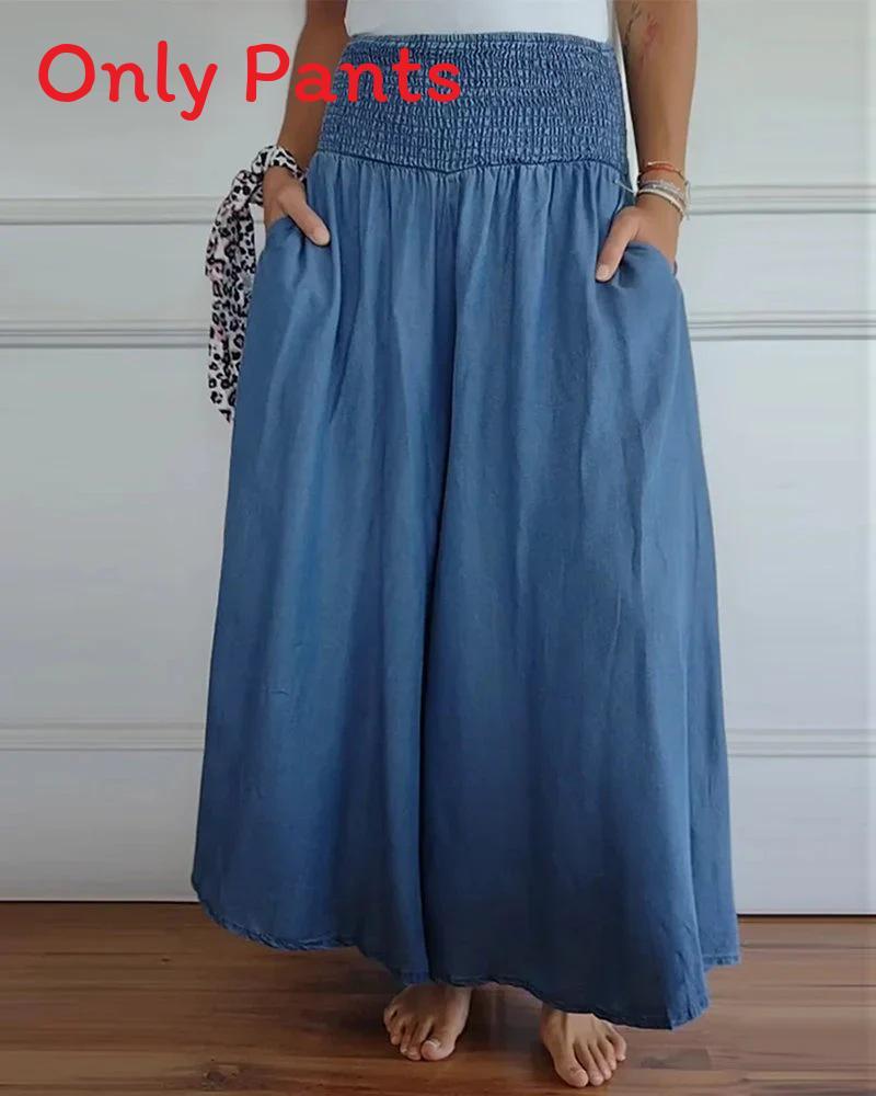 Women Casual Wide Leg Pants With Elastic Waist Polyester Fabric For Summer Comfort
