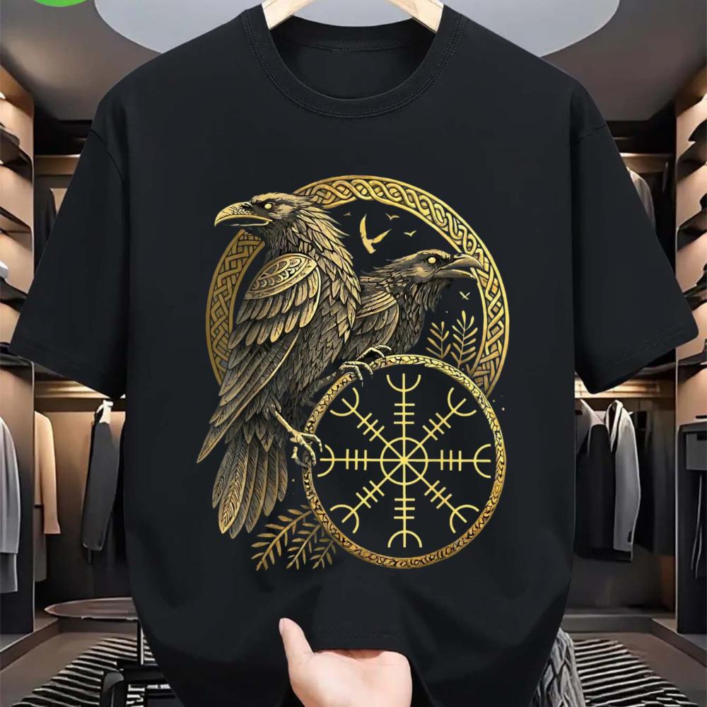 Vintage Viking Navigation Symbol Vegvisir Nordic Rune Raven Tee Clothing Graphic Short Sleeve Shirt Unisex Unisex for Spring Summer