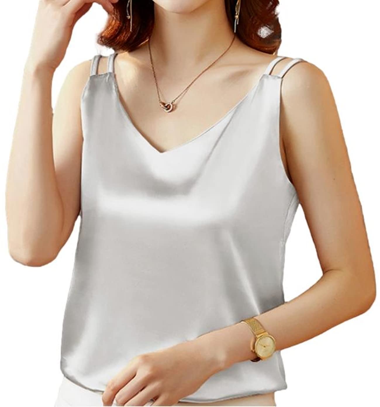 

Aquamie Satin Glossy and Sleeveless Solid Summer Wear Size Women s Camisole, Smooth, Top, Color, Silk-Like, (Silver, M)