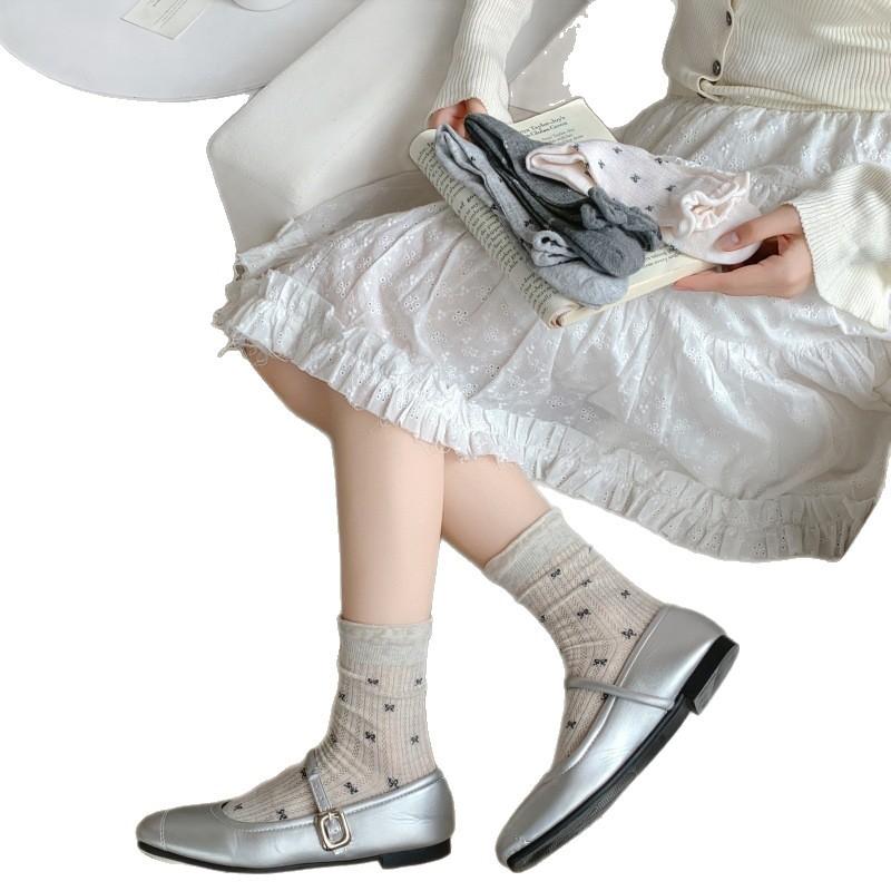 Spring and Summer Socks for Women: Thin Combed Cotton Mid-calf Socks with Mesh, Black Ear Trim, Bow, Long Calf Pile Socks