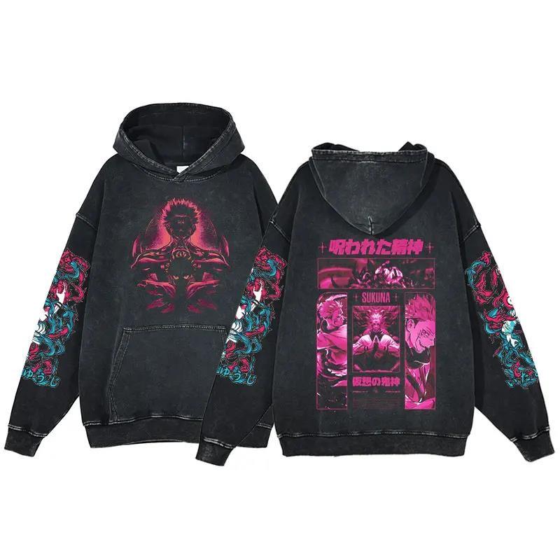 Anime Jujutsu Kaisen Ryomen Sukuna Print Washed Hooded Men Manga Vintage Hoodies Casual Cotton Streetwear Harajuku Sweatshirt