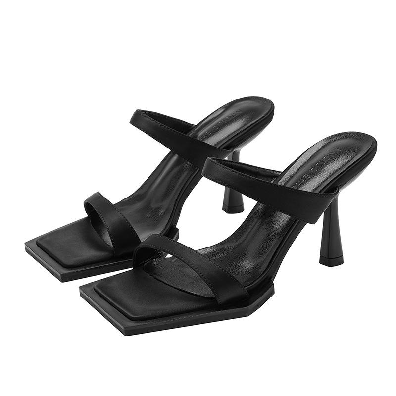 New versatile summer square head open-toed one-word high heels chain women's shoes thin heel black sexy sandals